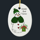 Décoration En Céramique Meilleur enseignant du monde de Snowman<br><div class="desc">Faites sourire un enseignant avec cette charmante petite femme des neiges tenant une maison d'oiseaux rustique.</div>