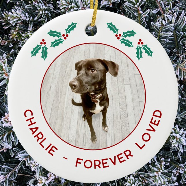Décoration En Céramique Mémoire de Noël pour chien de compagnie personnali (Personalized pet name and text dog photo memorial forever loved Christmas ornament)