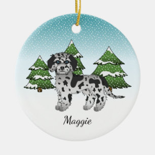 Décoration En Céramique Merle bleu Mini Goldendoodle - Forêt d'hiver
