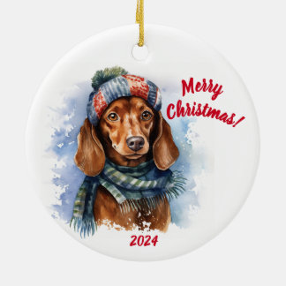 Décoration En Céramique Merry Christmas Dachshund: Watercolor