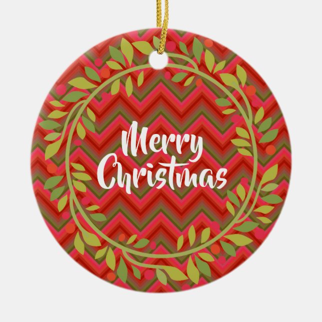 Décoration En Céramique Merry Christmas Wreath et Chevron Retro (Devant)