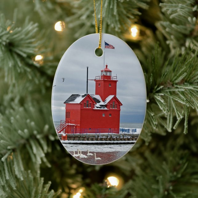 Décoration En Céramique Michigan Big Red Lighthouse avec cygnes (Arbre)