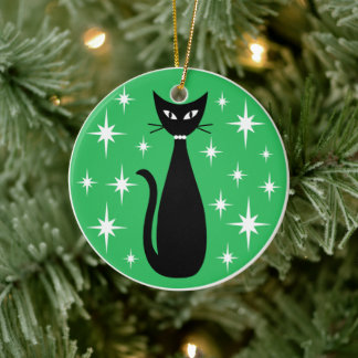 Décoration En Céramique Mid Century Black Cat with White Stars on Green
