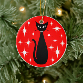 Décoration En Céramique Mid Century Black Cat with White Stars on Red