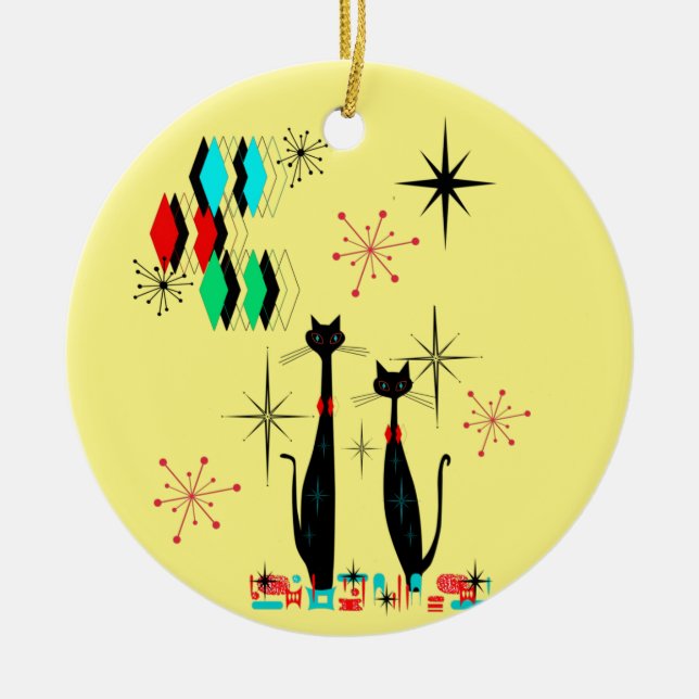 Décoration En Céramique Mid Century Modern Cool Cat & Starburst Atomic Era (Devant)