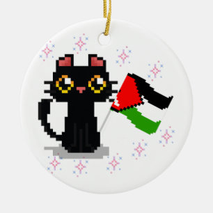 Décoration En Céramique mignon chat noir tient drapeau de la Palestine