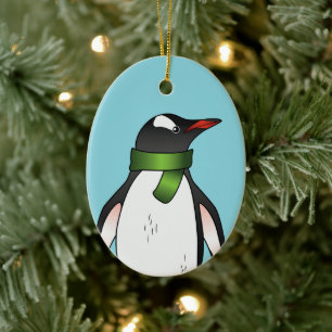 Décoration En Céramique Mignon manchot gentoo portant une écharpe verte su