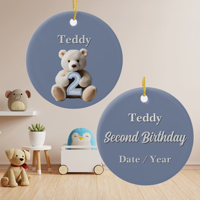 Décoration En Céramique Mignonne 2e anniversaire Blue Teddy Bear Keepsaké (Toddler 2nd birthday ornament cute teddy bear for second birthday milestone for baby boy)