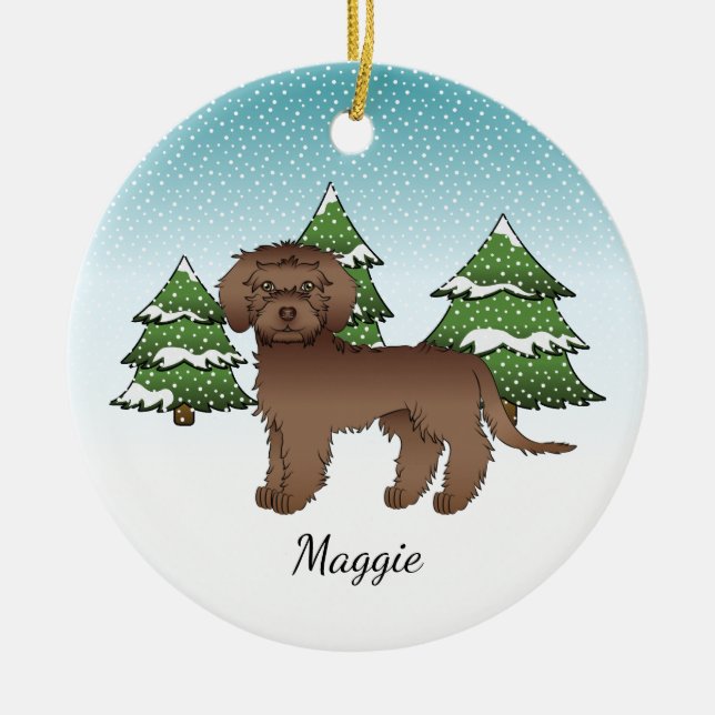 Décoration En Céramique Mini Goldendoodle marron - Forêt d'hiver & Nom (Devant)