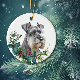 Décoration En Céramique Miniature Schnauzer Portrait de chien Holly Wreath