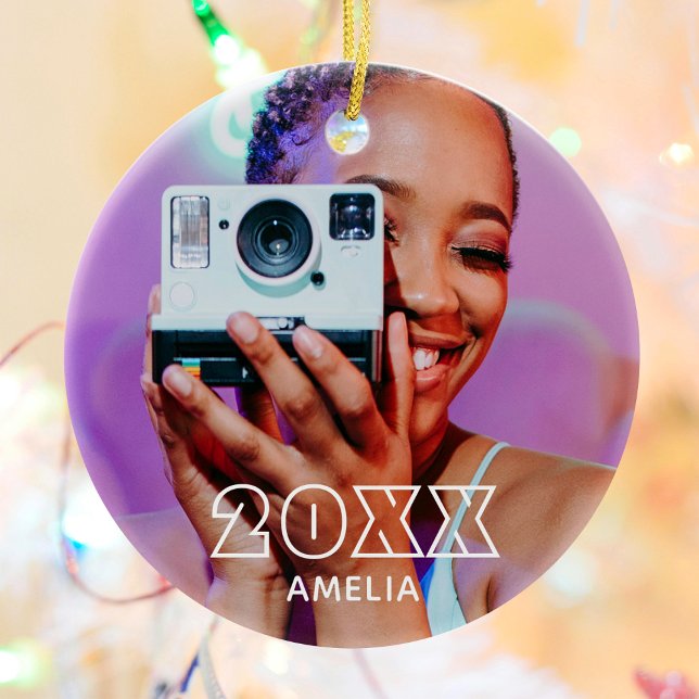 Décoration En Céramique Modern 2 Photo Name Retro Christmas Holiday (Créateur téléchargé)