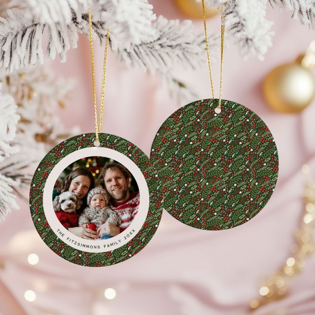 Décoration En Céramique Modern Christmas Holly Foliage Family Photo (Holly Leaf Christmas one photo ornament)