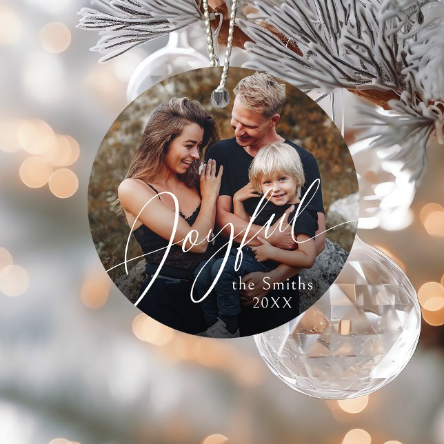 Décoration En Céramique Modern Script Joyful Christmas Family Photo (Modern Script Joyful Christmas Family Photo Ceramic Ornament)