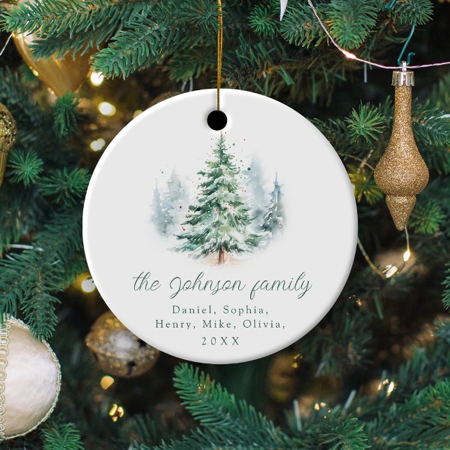 Décoration En Céramique Modern Script Pine Tree Family Christmas  (Modern Script Pine Tree Family Christmas Ceramic Ornament)