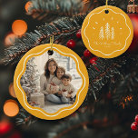 Décoration En Céramique Modern Wavy Frame Family Photo Retro Yellow<br><div class="desc">Add charm to your tree with our Modern Wavy Frame Family Photo ornament! Cute retro yellow Christmas tree design & custom text!</div>