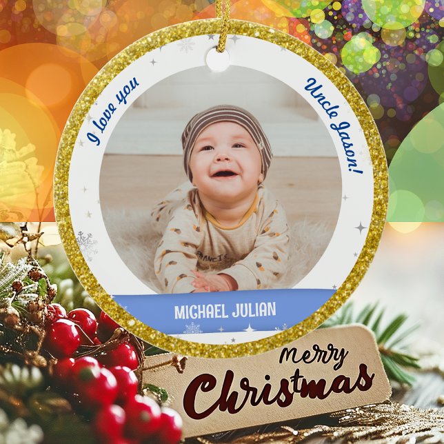 Décoration En Céramique Moderne 2 Photos Baby Boy First Christmas Uncle (Modern Elegant Cute I love you, Uncle! First Christmas Baby Boy 2 Photos Golden Faux Glitter Snow)