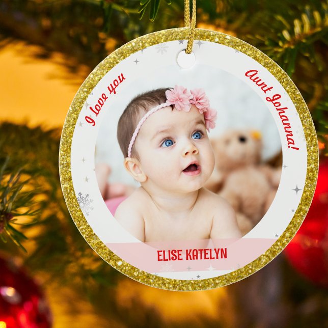 Décoration En Céramique Moderne 2 Photos Baby Girl First Christmas Tante (Modern Elegant Cute I love you, Aunt First Christmas Baby Girl Name 2 Photos Golden Faux Glitter)