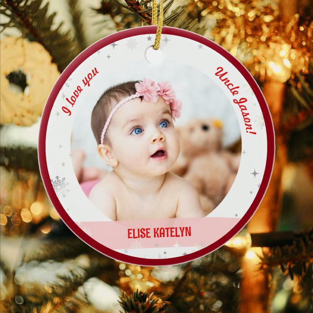Décoration En Céramique Moderne 2 Photos Baby Girl First Christmas Uncle (Cute Modern Elegant Personalized First Christmas Baby We love you Uncle Twin Girls Snowflakes)