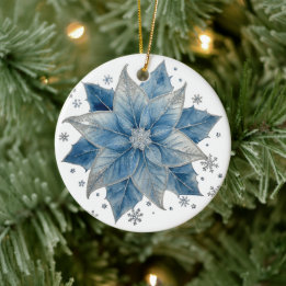 Décoration En Céramique Moderne Poinsettia de Noël bleu et argent