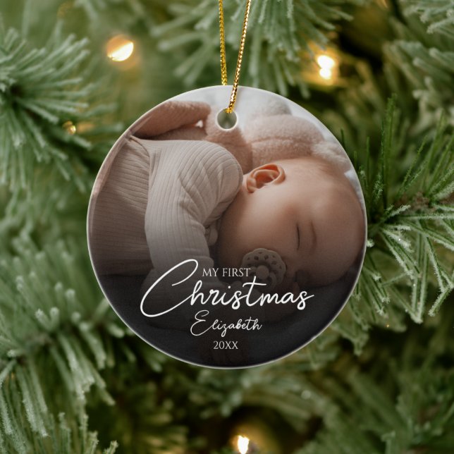 Décoration En Céramique Mon premier Noël Baby Photo Élégant Script (Arbre)