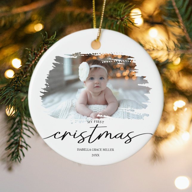 Décoration En Céramique Mon premier Noël Elegant Photo bébé moderne (My First Christmas Elegant Modern Baby Photo Ceramic Ornament)
