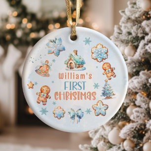 Décoration En Céramique Mon premier Noël Garçon Cookie flocon de neige ble