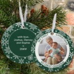 Décoration En Céramique Mon premier Noël | Photo Green Snowflake<br><div class="desc">Mon premier ornement de Noël personnalisé avec votre photo et texte personnalisé. Cet ornement de vacances est vert et décoré de flocons blancs. Il est écrit avec "mon premier noël comme arrière grand-mère" et vous êtes invités à modifier "comme arrière grand-mère" au libellé de votre choix. Le dos a plus...</div>