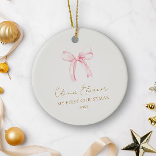 Décoration En Céramique Mon Premier Noël Ruban Rose Bébé Fille Souvenir