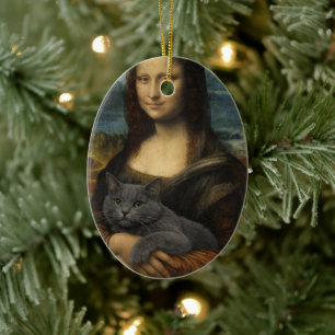 Décoration En Céramique Mona Lisa tenant un élégant chat gris