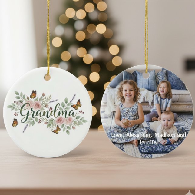 Décoration En Céramique Monarch Butterfly Floral Grandma Photo (Floral grandma photo ornament)