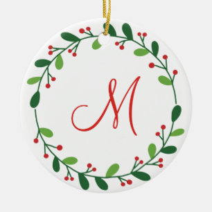 Décoration En Céramique Monogram Christmas Red Holly and Green Wreath