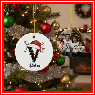 Décoration En Céramique Monogram Famille Noël Bois de Cerf Chapeau de Père
