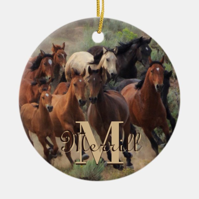 Décoration En Céramique Monogramme des Chevaux Mustang Sauvages (Devant)