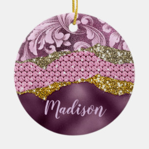 Décoration En Céramique Monogramme doré rose violet pailleté floral élégan
