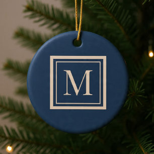 Décoration En Céramique Monogramme encadré bleu personnalisé et vanille