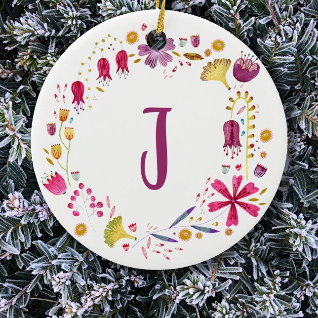 Décoration En Céramique Monogramme floral (Modern monogram initial watercolor wildflower wreath)