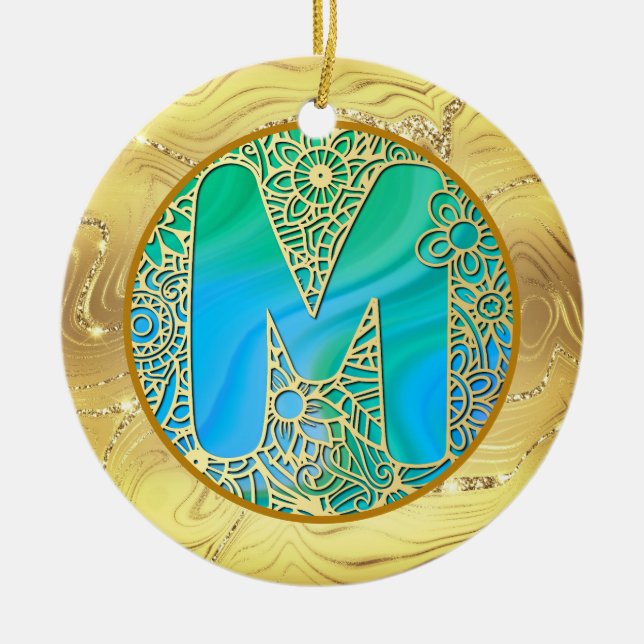 Décoration En Céramique Monogramme Initiale M Noël - Or, Sarcelle & Bleu (Devant)