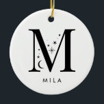 Décoration En Céramique Monogramme M Nom céleste<br><div class="desc">Ajoutez une touche de magie céleste à votre décor de vacances avec ce magnifique monogramme ornement de Noël! Doté d'une lettre ornée de petites étoiles et de lunes et de votre choix de nom en dessous, cet ornement personnalisé est l'endroit idéal pour la saison. Il peut contenir jusqu'à 10 caractères...</div>