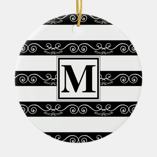 Décoration En Céramique Monogramme moderne noir blanc rayé (Devant)