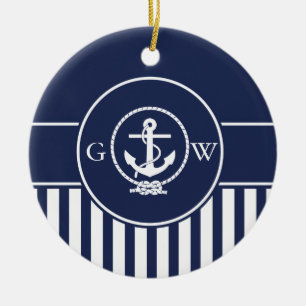 Décoration En Céramique Monogramme personnalisé rayé Ancre et corde nautiq