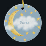 Décoration En Céramique Moon Stars & Fluffy Cloud Blue Baby Keepsake<br><div class="desc">This fanciful design has a crescent moon and stars made of Yellow holey Swiss cheese and your baby's name written on a fluffy white cloud and a customized message on the back.</div>