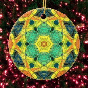 Décoration En Céramique Mosaic Mandala Flower vert jaune bleu et orange