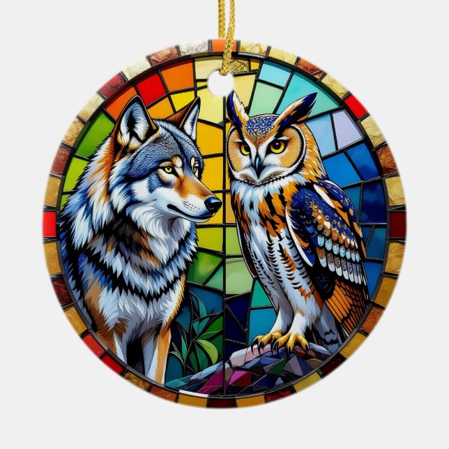 Décoration En Céramique Mosaic Wolf and Owl  Art Personalized Christmas (Devant)