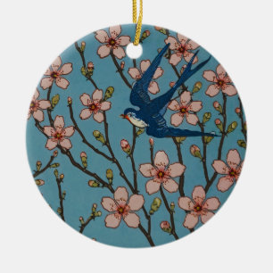 Décoration En Céramique Motif de l'hirondelle florale rétro bleu par Walte