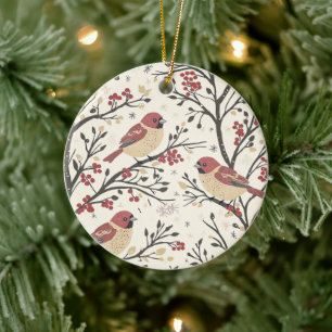Décoration En Céramique Motif de Noël oiseau rustique et poinsettia