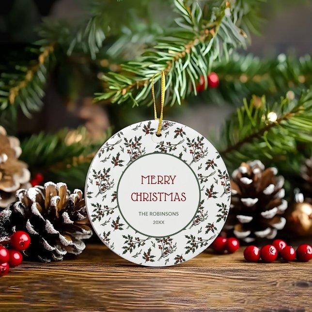 Décoration En Céramique Motif des baies botaniques de Noël Holly moderne (Christmas Holly Plant Berries Ornament)