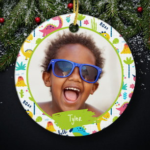 Décoration En Céramique Motif Dinosaure coloré Nom de l'enfant Photo Noël