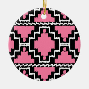 Décoration En Céramique Motif Ikat Aztec - Fuchsia rose, noir et blanc