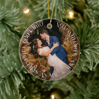 Décoration En Céramique Mr & Mrs First Christmas Simple Text Circle Photo
