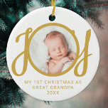 Décoration En Céramique My First Christmas As Great Grandpa Photo Gold<br><div class="desc">This keepsake "My First Christmas As Great Grandpa" photo ornament is decorated with the word JOY in stylish gold script typography on a white background. Easily customizable,  with your baby's photo.</div>